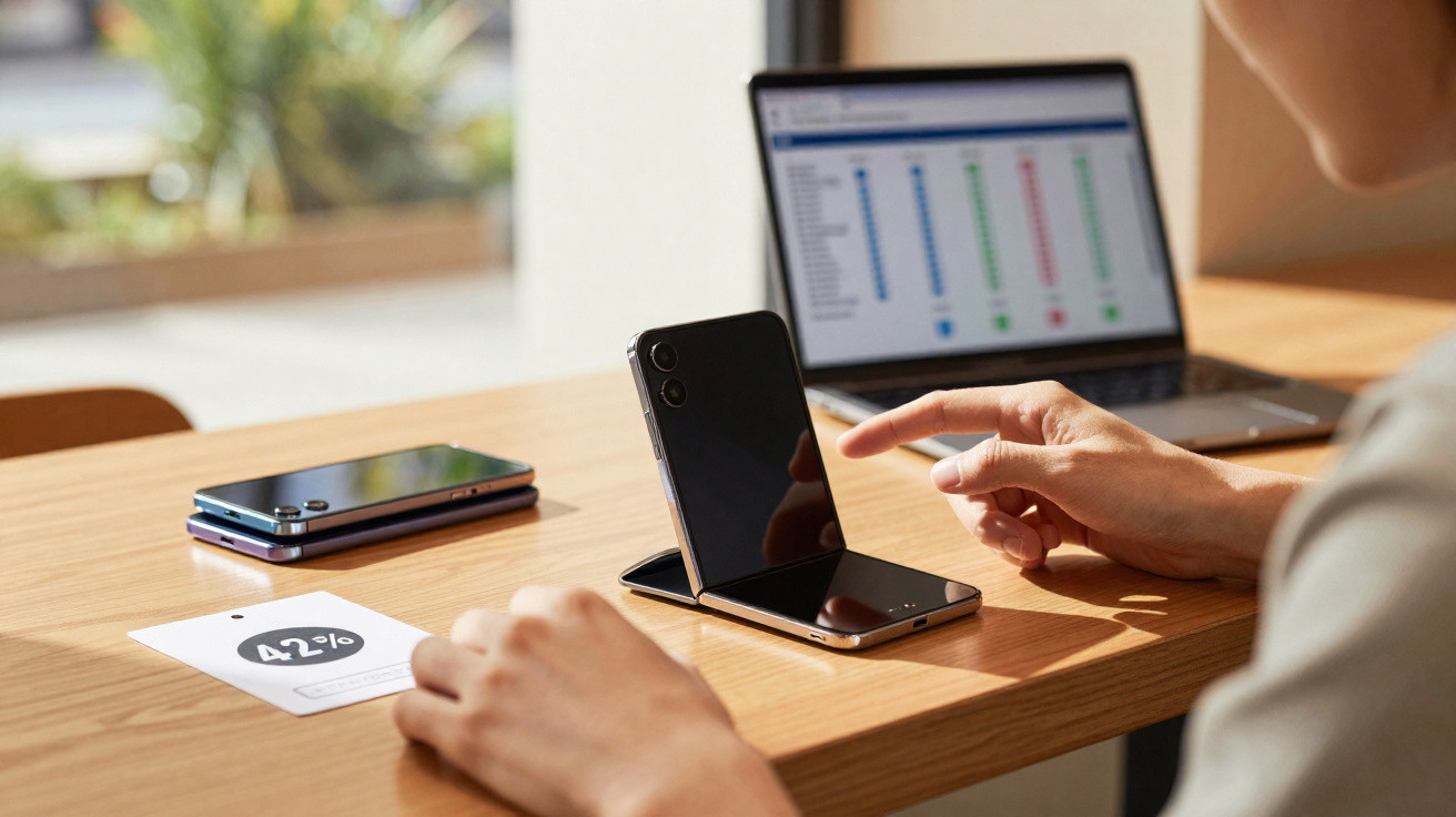 Pessoa interagindo com smartphone dobrável em mesa com outros celulares e notebook ao fundo.