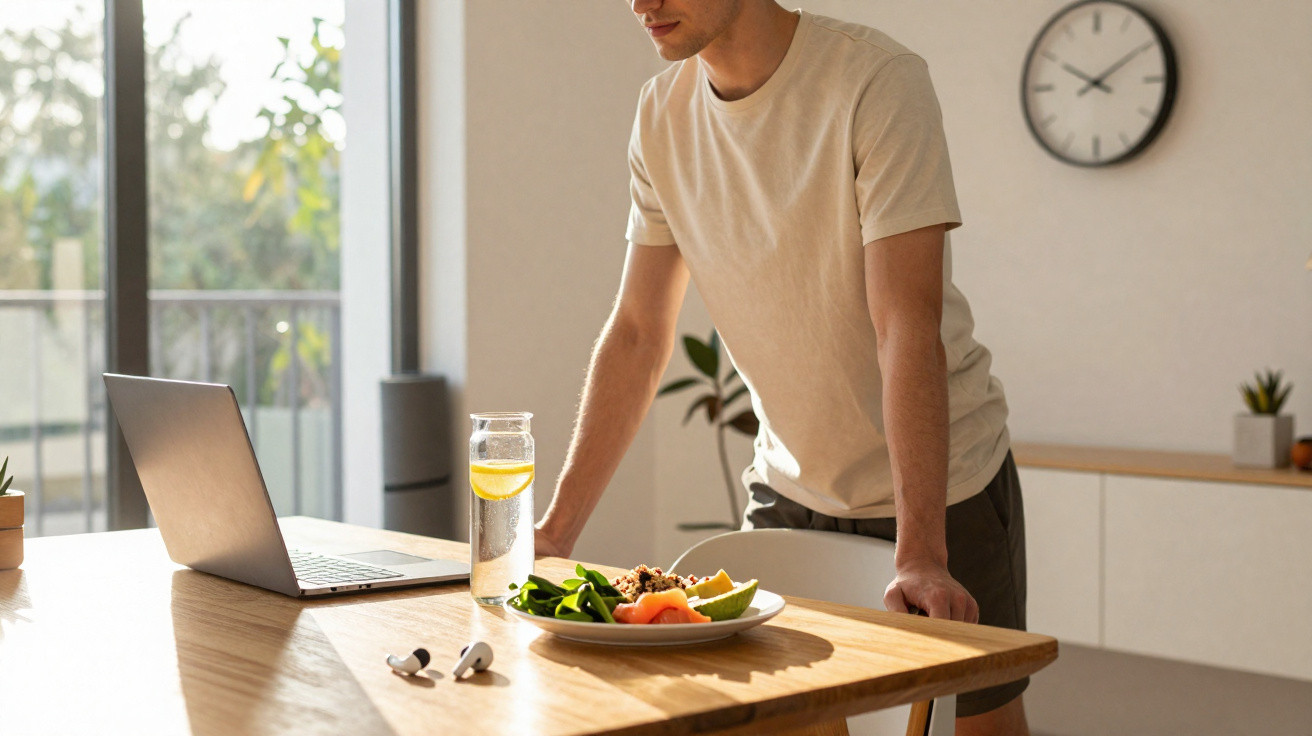 Homem em pé usa laptop em mesa com prato de comida e copo de água em ambiente iluminado.