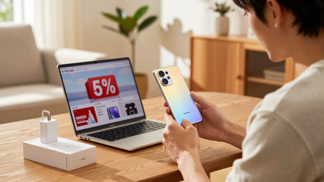 Pessoa segurando smartphone Xiaomi Poco com laptop aberto exibindo promoção de 5% sobre mesa de madeira.