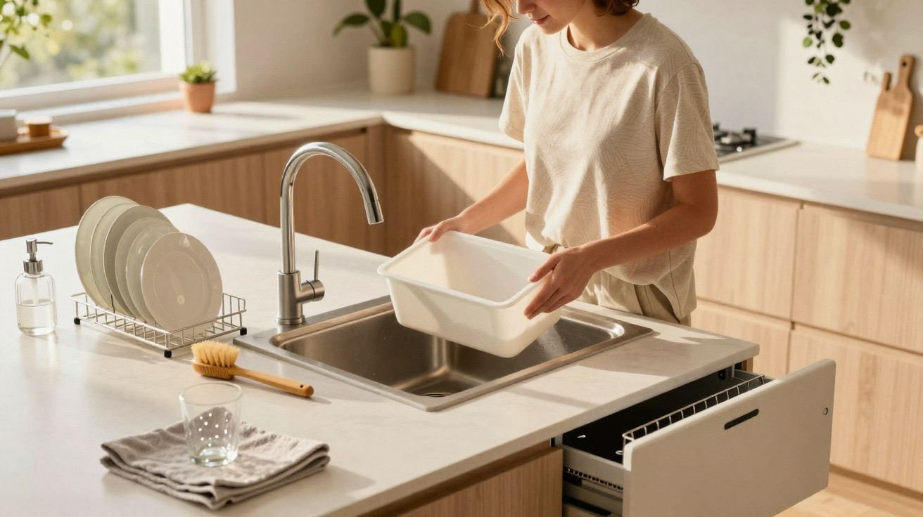 Pessoa lavando utensílio branco na pia de cozinha com bancada clara e armários de madeira.