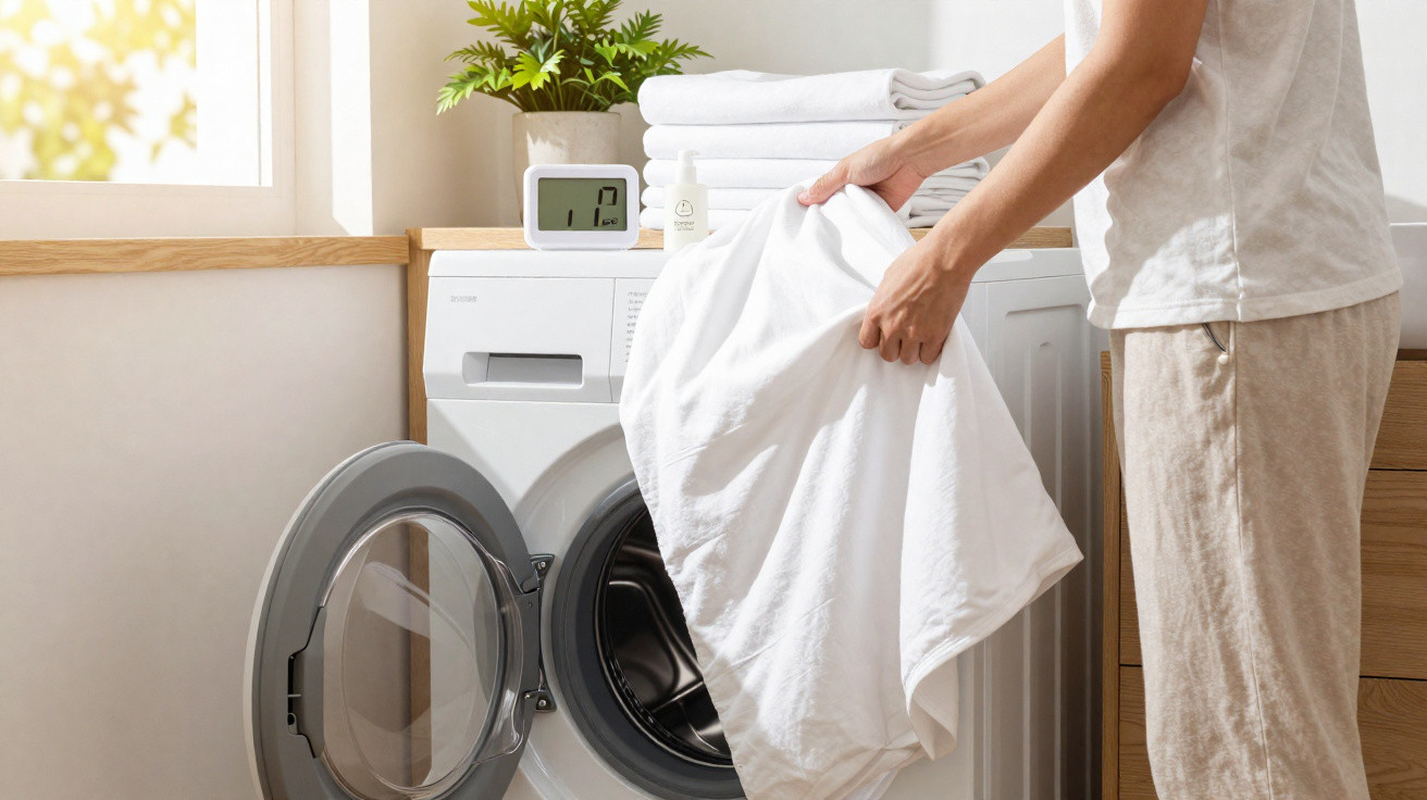 Pessoa colocando toalha branca na máquina de lavar roupas em ambiente claro e organizado.
