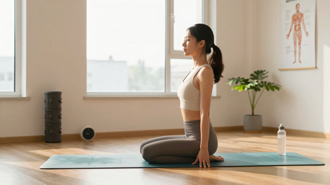 Mulher jovem praticando yoga ajoelhada em tapete azul em sala iluminada com janela e planta.