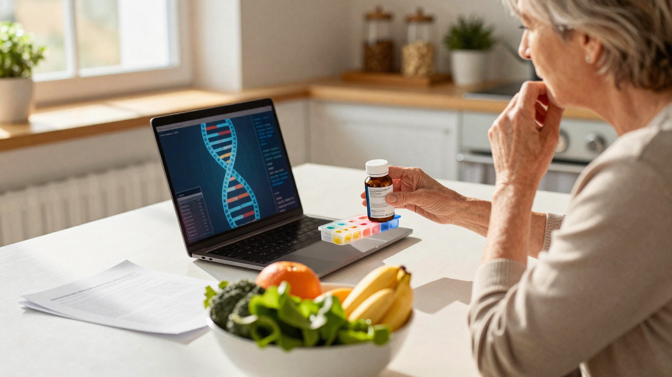 Idosa sentada à mesa com laptop mostrando DNA, segura frasco de remédio, com frutas e verduras à frente.