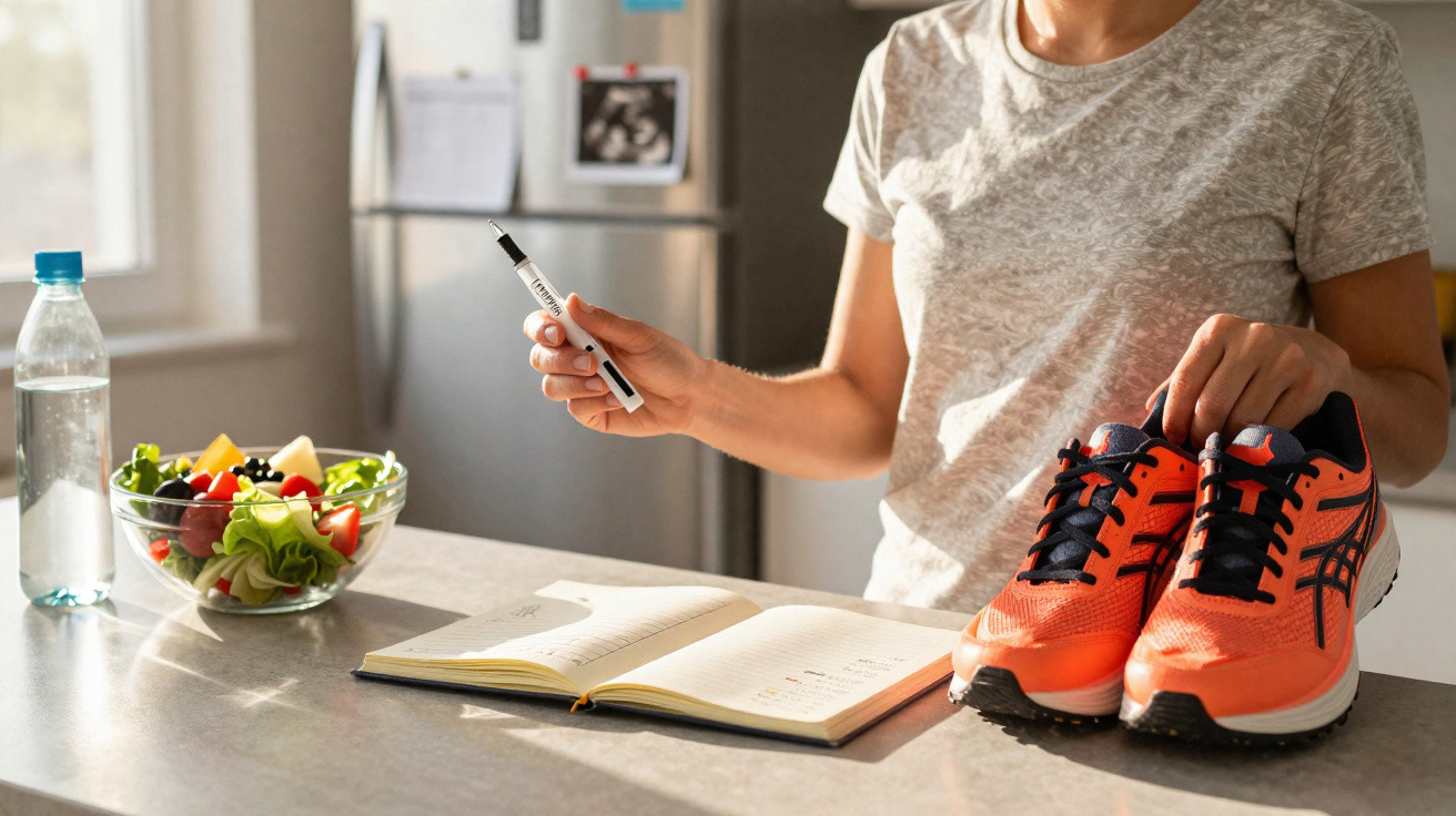 Pessoa segurando tênis laranja e caneta, ao lado de caderno aberto, salada e garrafa de água na bancada.