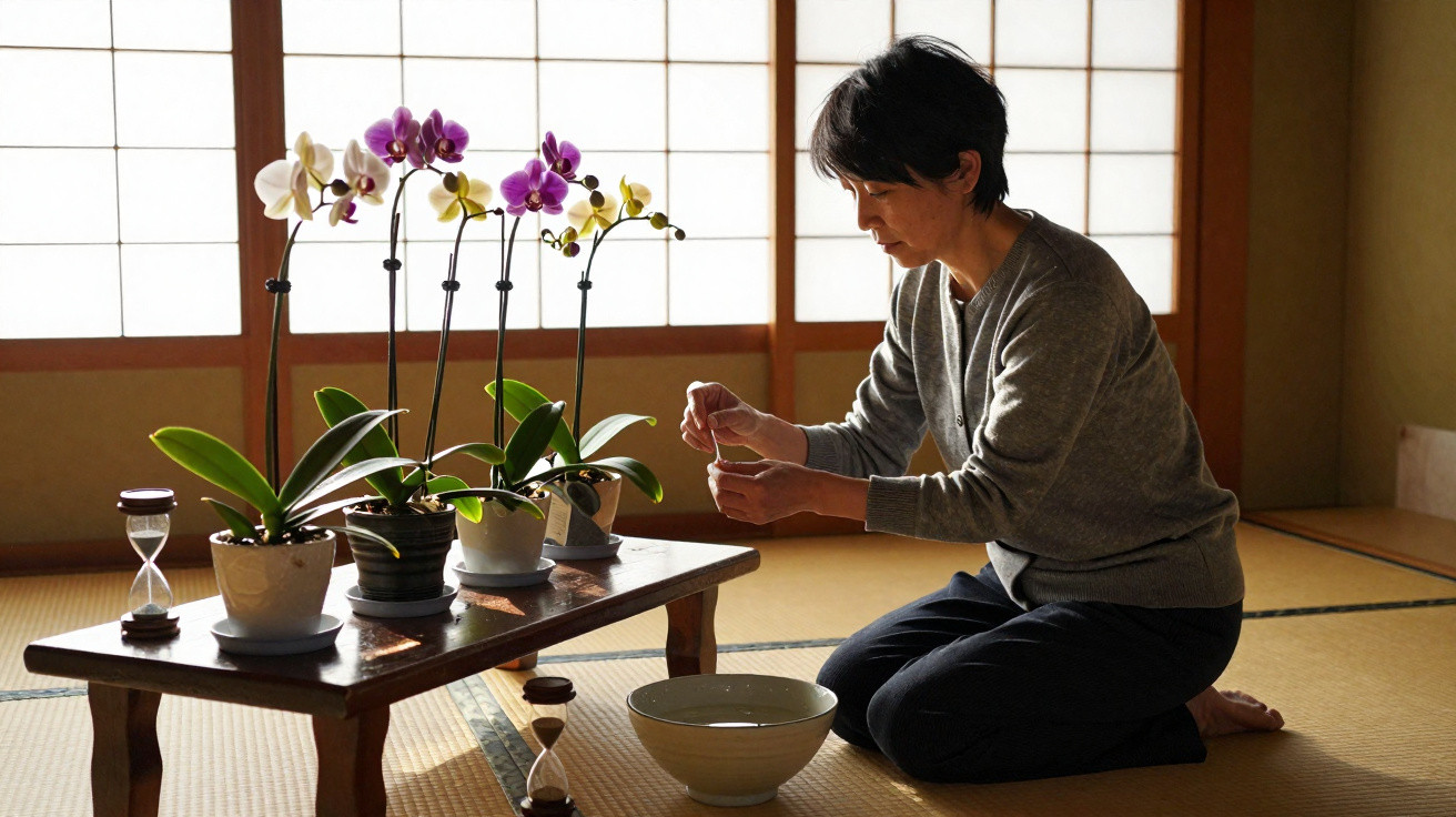 Pessoa cuidando de orquídeas em mesa baixa, em ambiente minimalista com piso tatame e luz natural.
