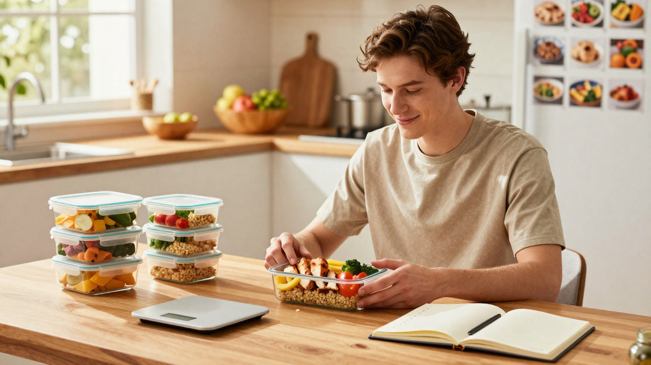 Homem jovem sentado à mesa com marmitas saudáveis, com caderno e balança digital à sua frente.