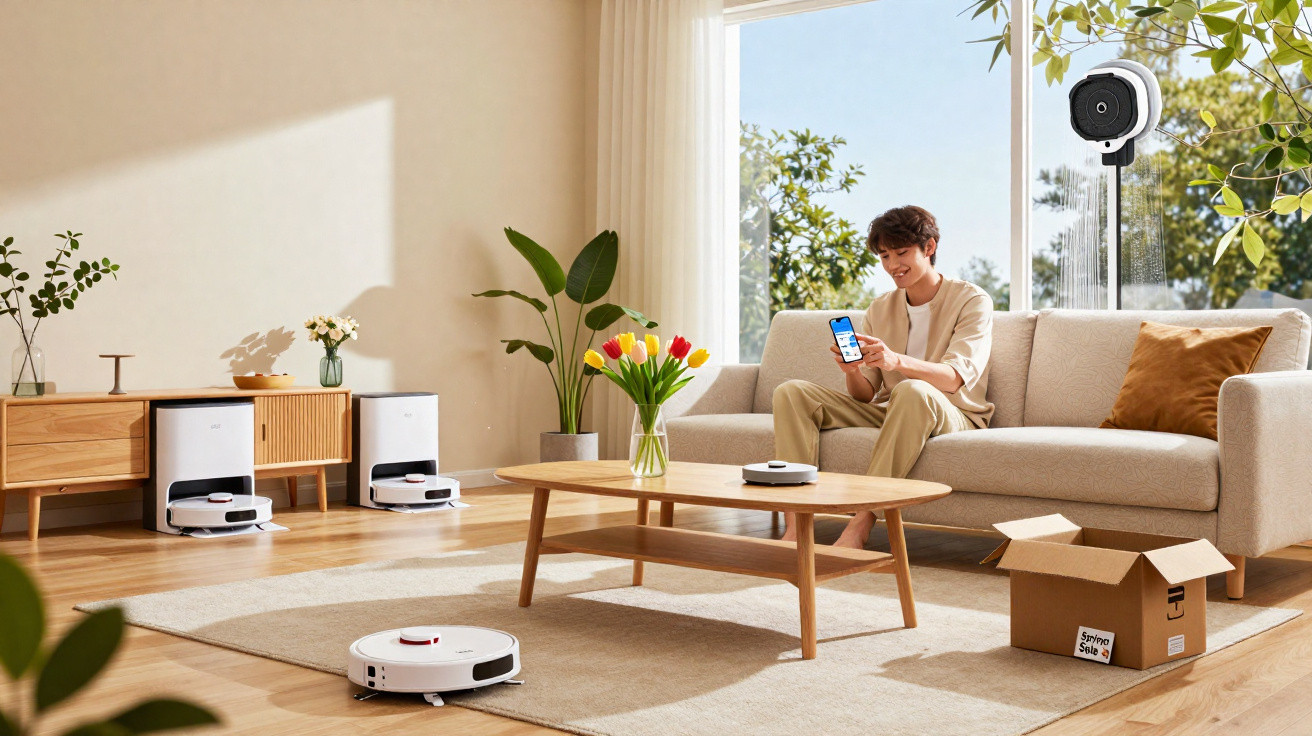 Ambiente iluminado com homem no sofá, robôs aspiradores e plantas decorativas ao redor.