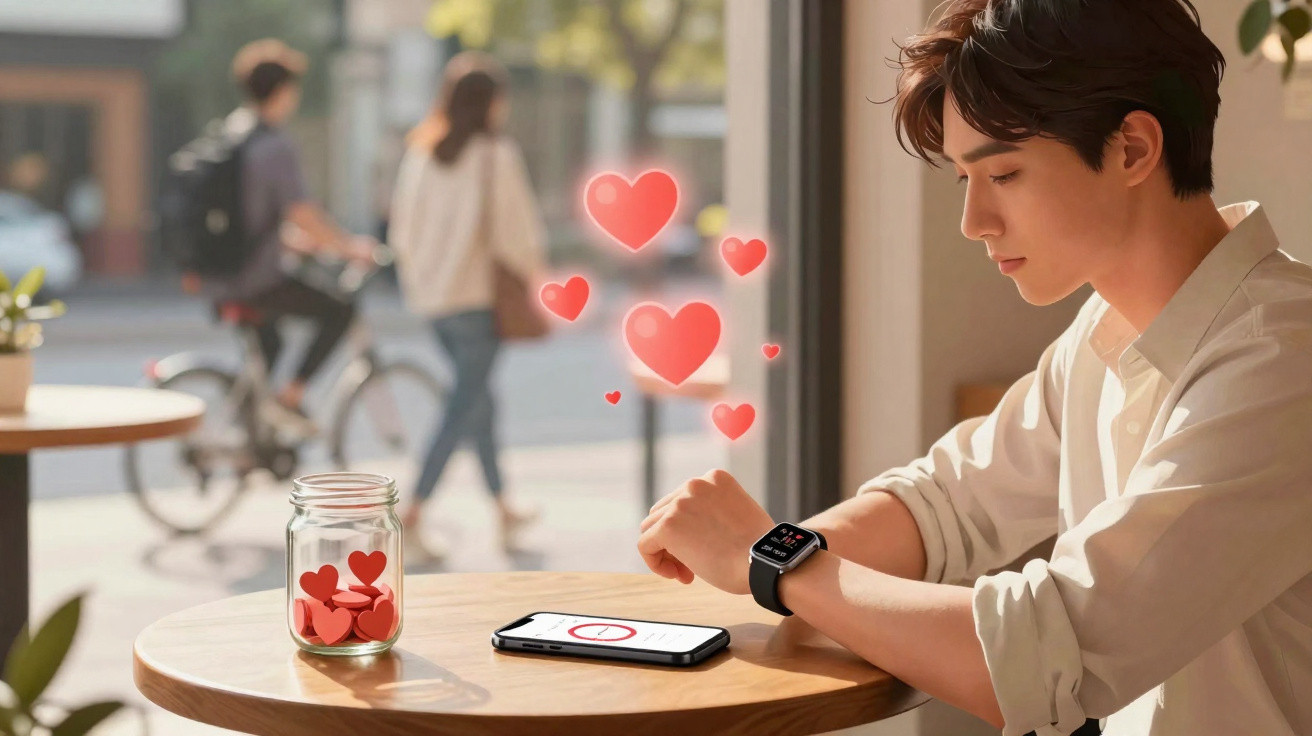 Jovem sentado à mesa olhando relógio inteligente, com corações flutuando e celular ao lado.