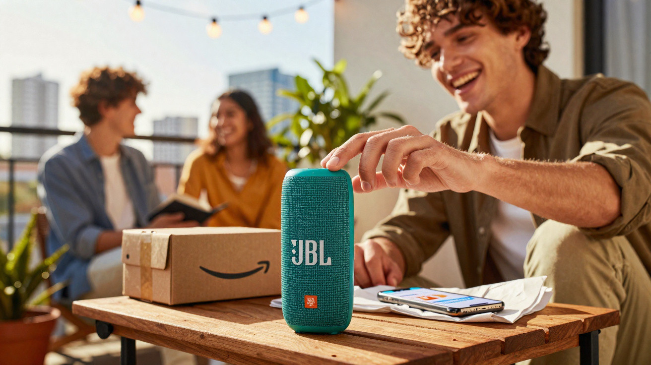 Jovem ajustando caixa de som JBL azul em mesa com celular, caixa e pessoas conversando ao fundo.