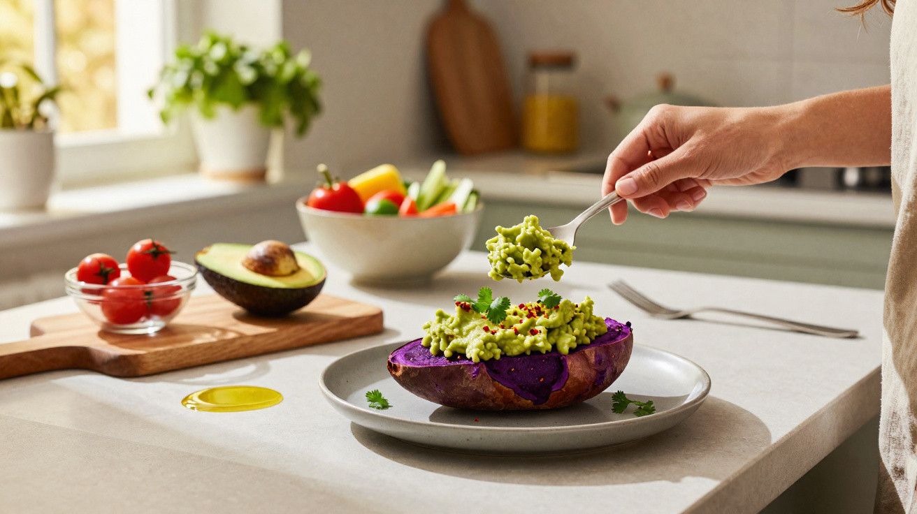 Mão colocando guacamole sobre batata doce roxa assada em prato, com legumes e abacate ao fundo na cozinha.