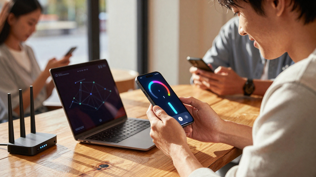 Pessoa ajustando configurações em smartphone com laptop e roteador sobre mesa de madeira em ambiente interno.
