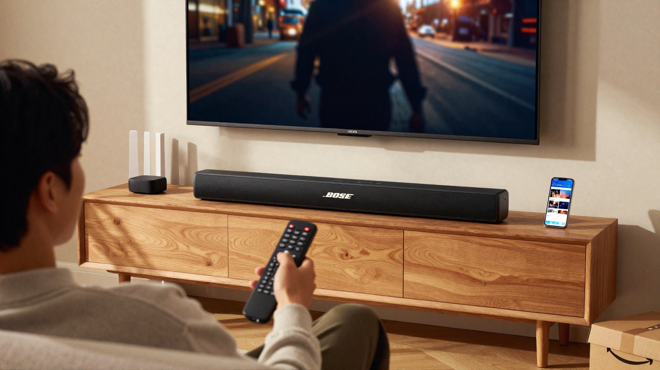 Pessoa assistindo TV com controle remoto em frente a rack de madeira com soundbar Bose e celular.
