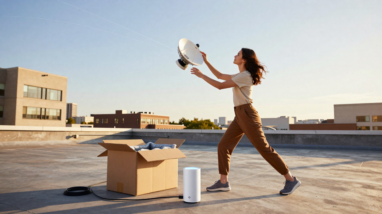 Mulher em um terraço segurando antena parabólica perto de caixa de papelão e roteador branco.