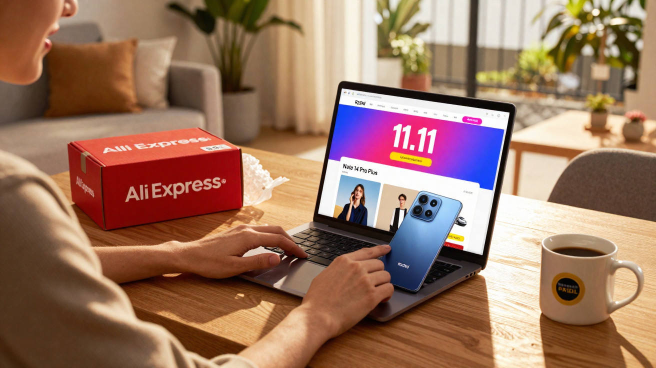 Pessoa usando laptop com site AliExpress aberto, caixa vermelha da marca e uma caneca sobre mesa de madeira.