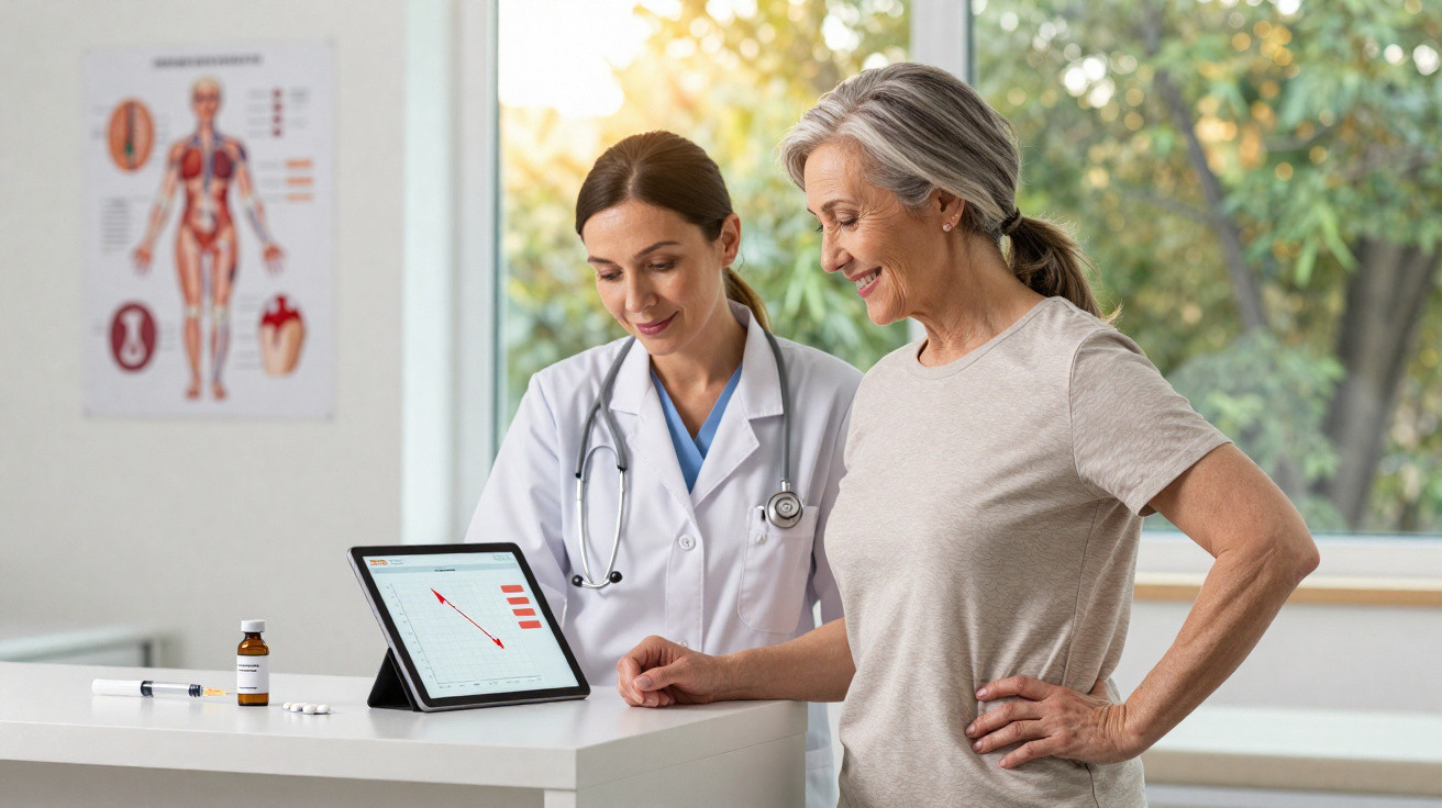 Médica mostrando resultados no tablet para senhora em consulta médica em ambiente iluminado e acolhedor.