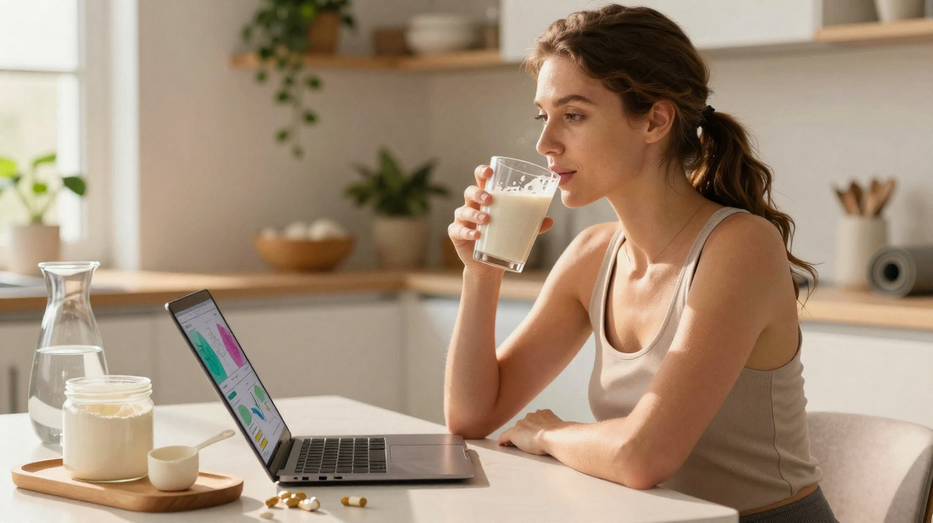 Mulher jovem tomando leite e trabalhando em laptop em cozinha iluminada e organizada.