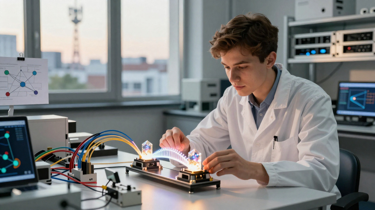 Jovem cientista em laboratório manuseia equipamento de pesquisa com luzes e fios coloridos.