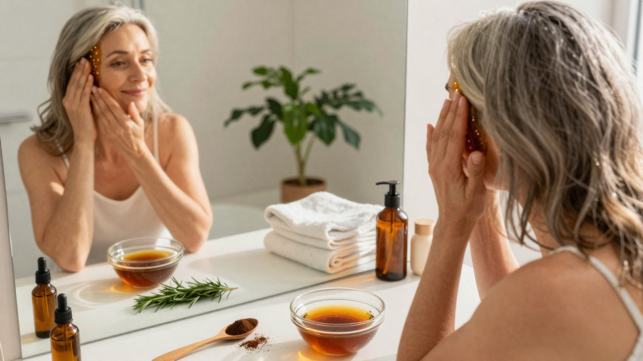 Mulher usando massageador facial de pedra dourada em frente ao espelho no banheiro.