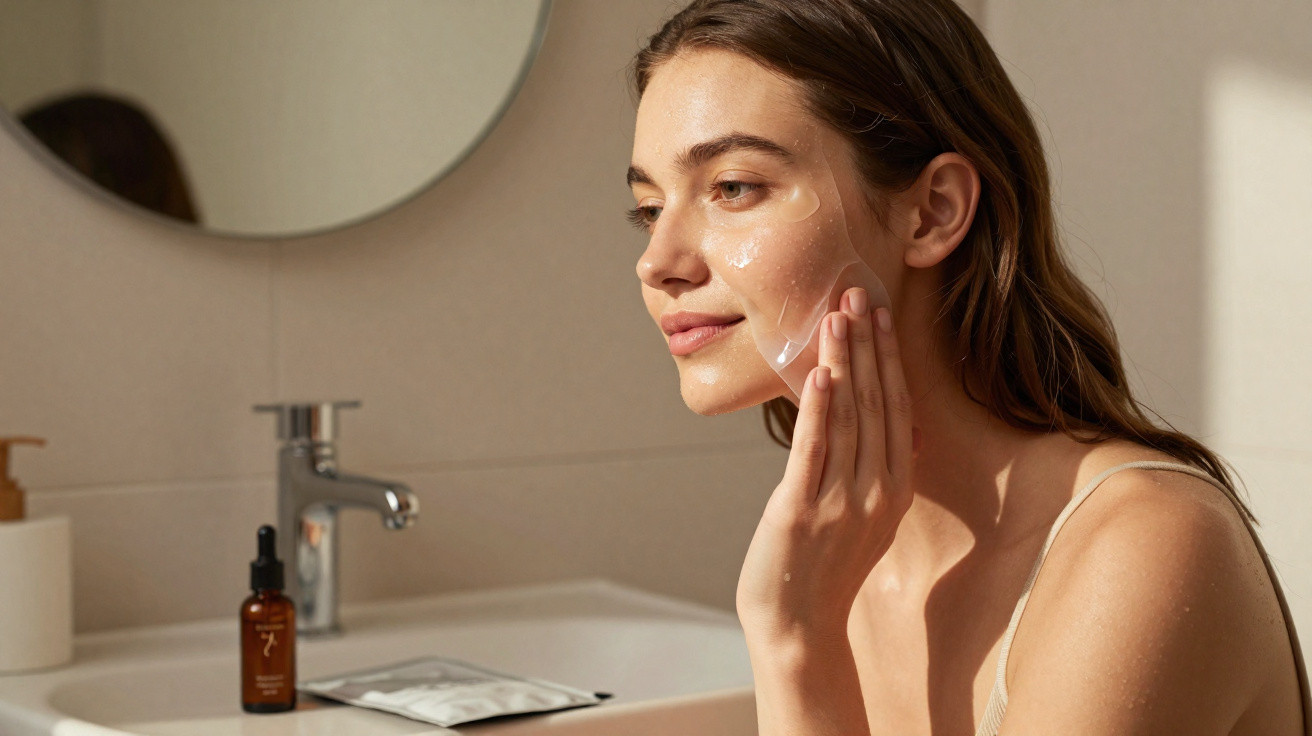Mulher aplicando creme facial no rosto em banheiro com espelho redondo ao fundo.