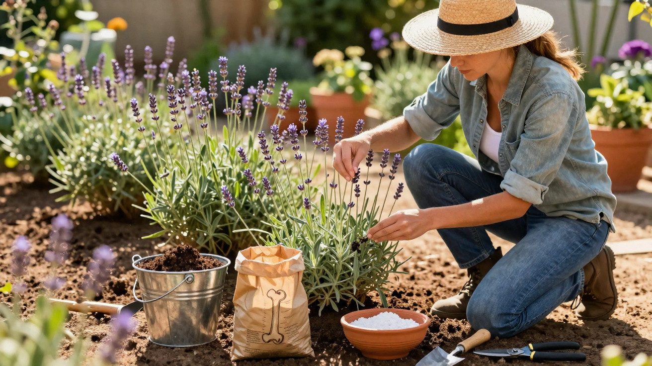 Mulher com chapéu cuidando de plantas de lavanda em jardim ensolarado, com ferramentas ao redor.