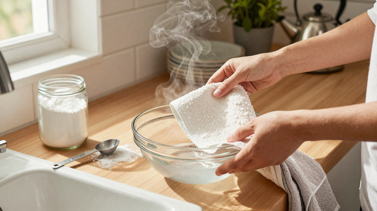 Mãos lavando pano branco em tigela com água na bancada da cozinha iluminada pela janela.