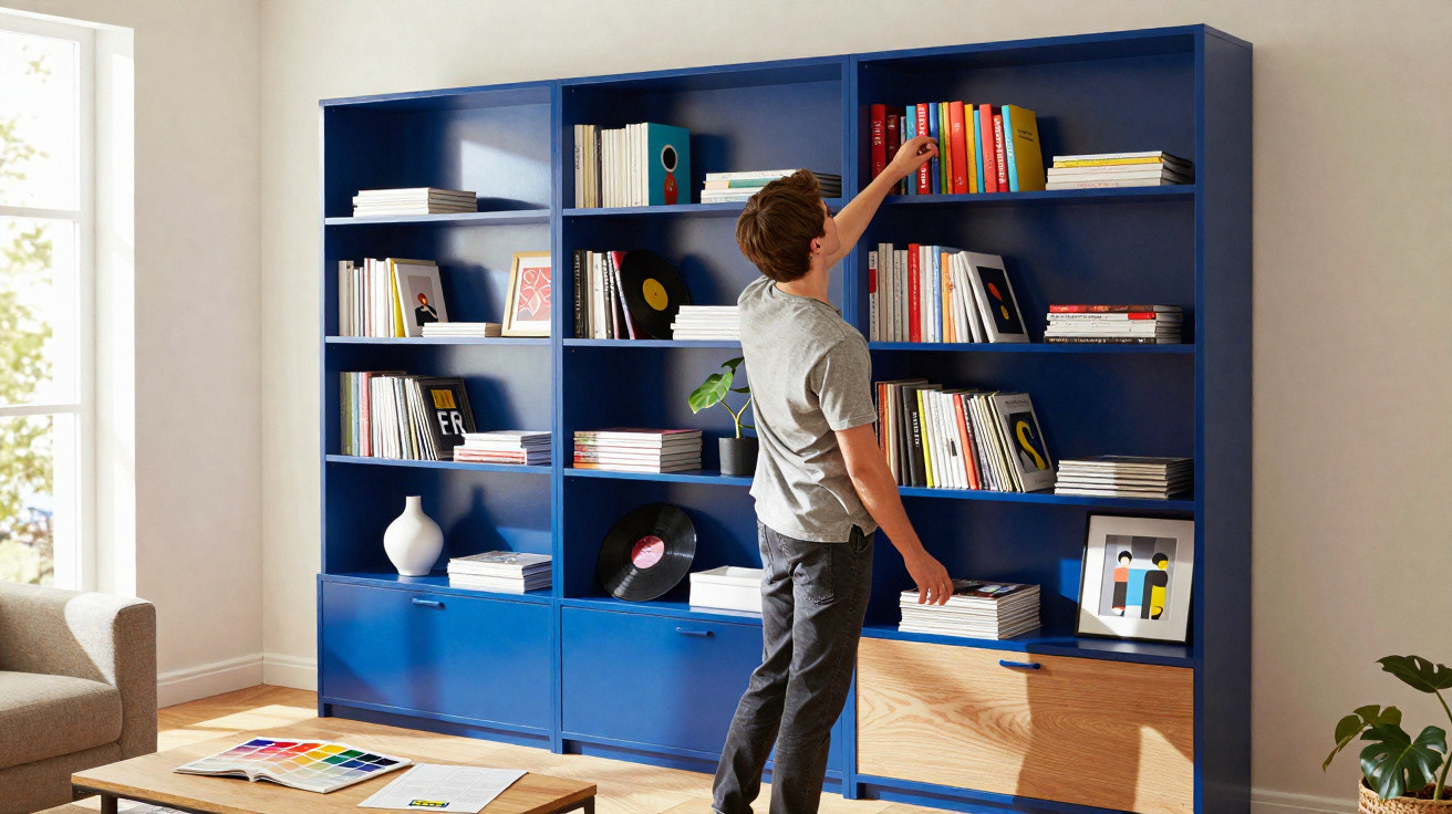 Homem pegando livro em estante azul cheia de livros e objetos em sala iluminada com janela ampla.