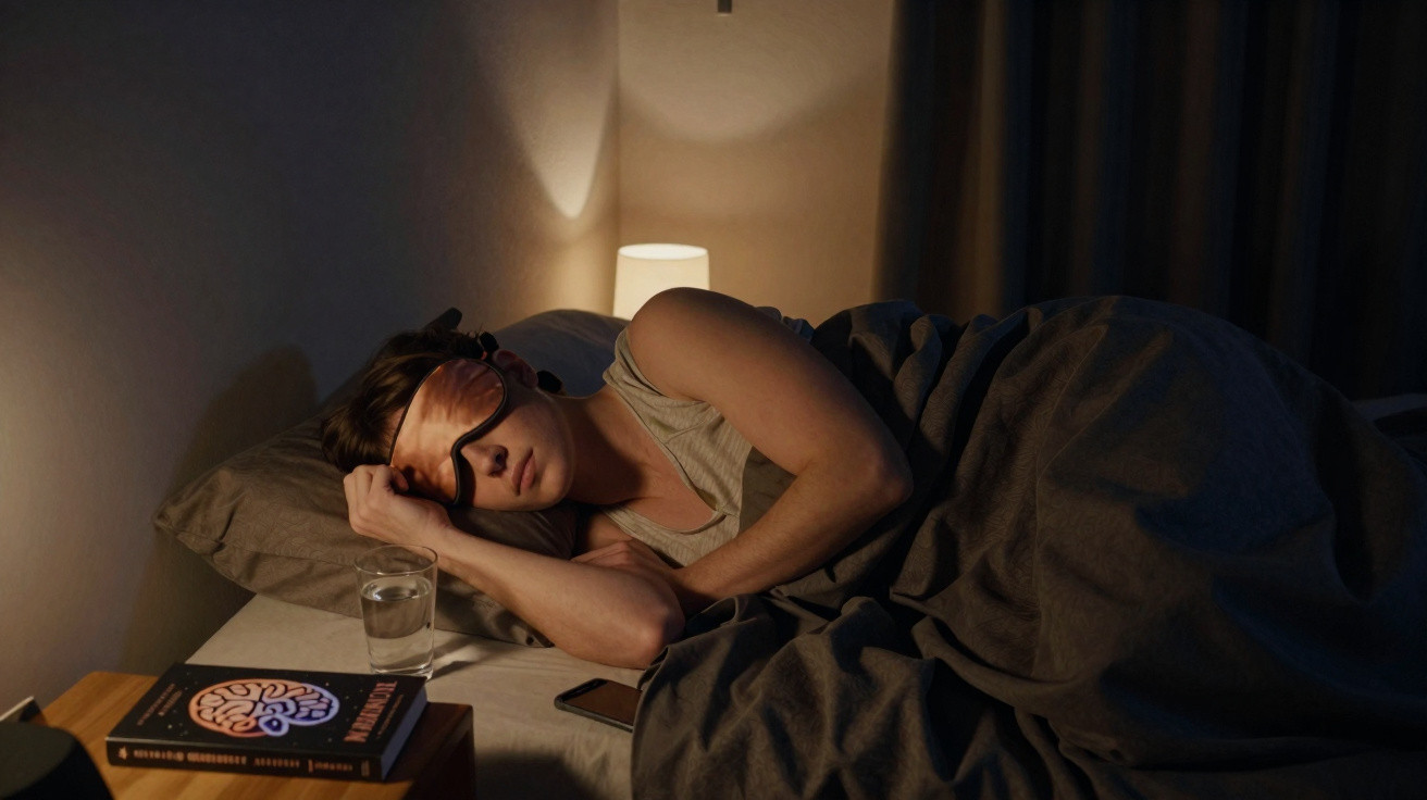 Pessoa dormindo com máscara de dormir, coberta por cobertor cinza, ao lado de copo d'água, celular e livro em mesa.