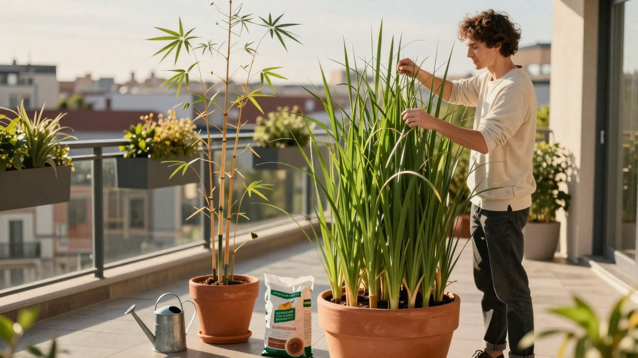 Homem cuidando de plantas em vaso grande na varanda de apartamento ensolarado.