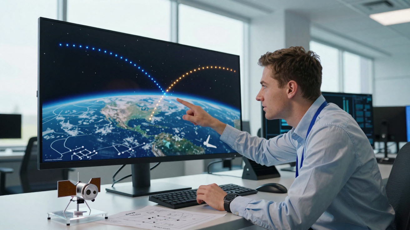 Homem em escritório aponta para rota de satélites em monitor com imagem da Terra em plano de fundo.