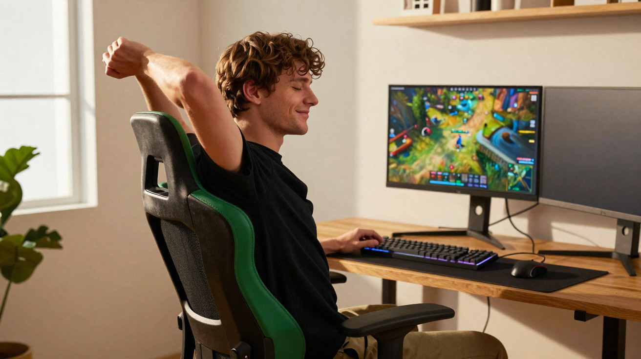 Jovem sentado em cadeira gamer estica os braços enquanto joga videogame em computador com dois monitores.