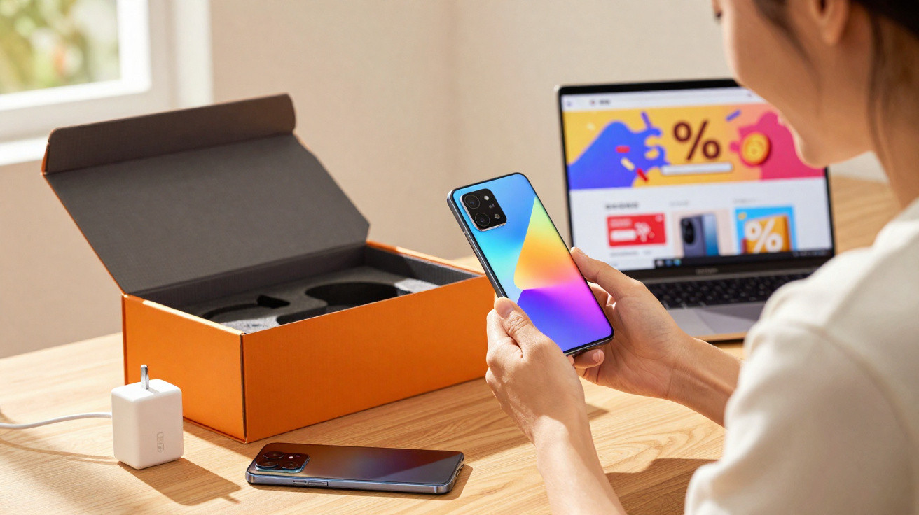 Pessoa segurando smartphone novo perto de caixa aberta, carregador e notebook com site de promoções na tela.