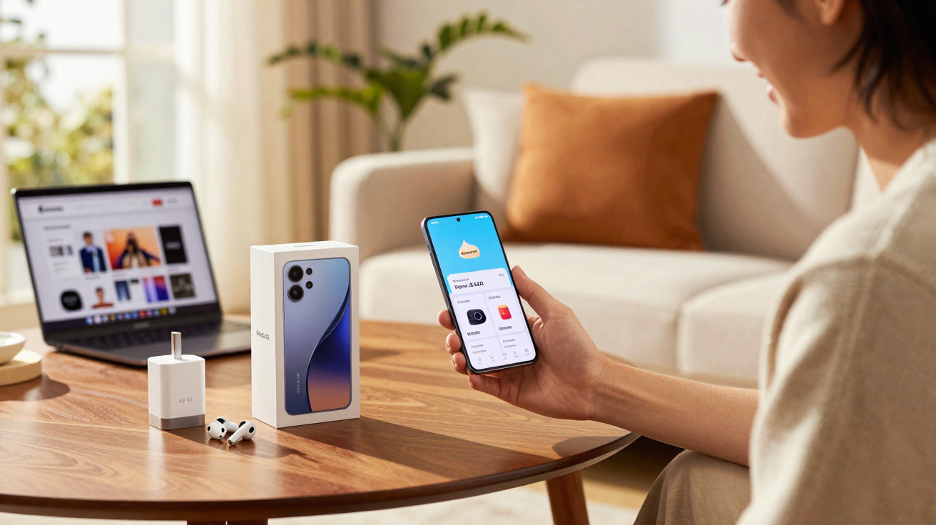Pessoa segurando smartphone com aplicativo aberto ao lado de caixa, fone e carregador em mesa de madeira.