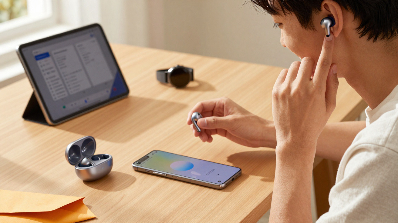 Pessoa usando fones de ouvido sem fio, com celular, tablet e smartwatch em mesa de madeira.