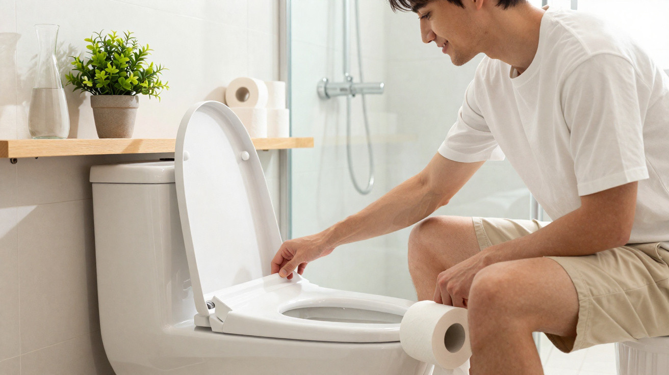 Homem sentado no banheiro colocando papel higiênico em vaso sanitário branco.
