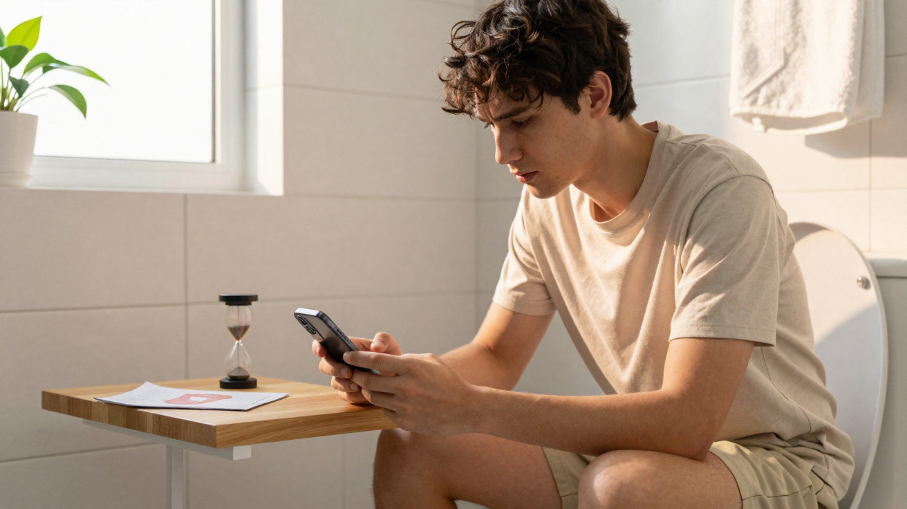 Homem sentado no vaso sanitário, usando celular, ao lado de mesa com ampulheta e documentos.