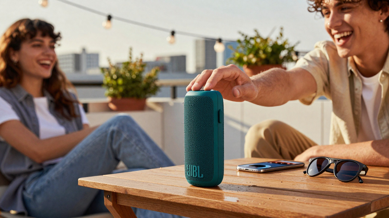 Jovem tocando em caixa de som JBL em mesa com óculos e celular, ao lado de amiga sorridente em área externa.