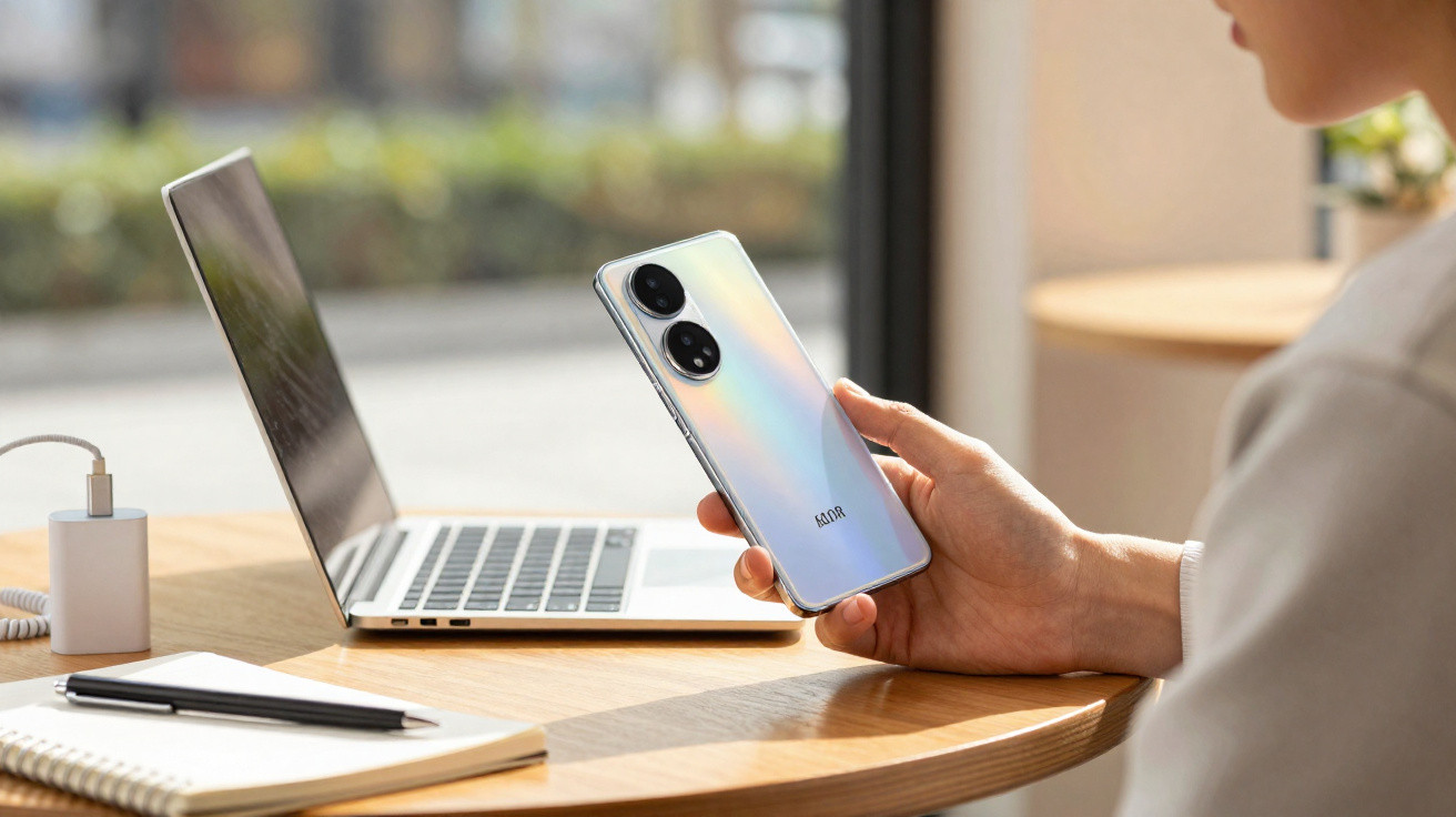 Pessoa segurando smartphone holográfico ao lado de notebook em mesa com caderno e caneta.
