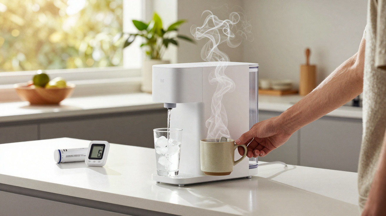 Pessoa segurando xícara com vapor ao lado de máquina branca de bebidas sobre bancada de cozinha.