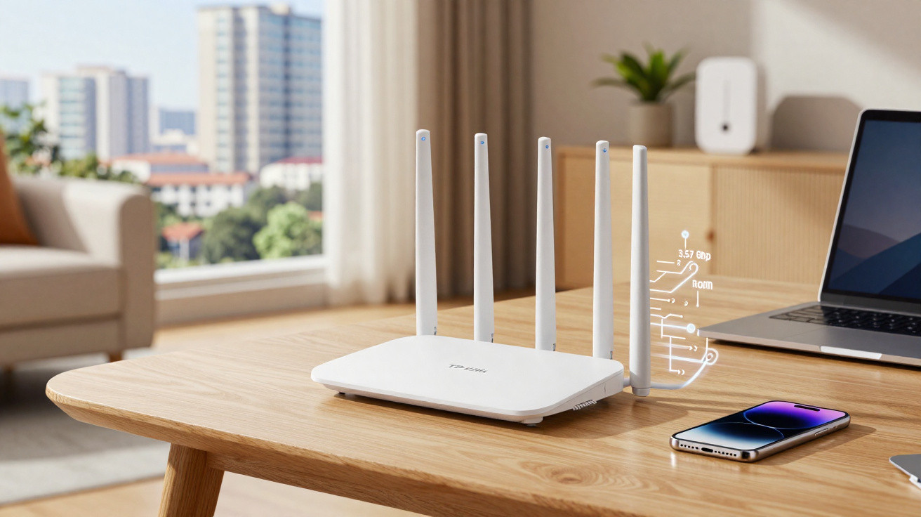 Roteador Huawei branco com quatro antenas em mesa de madeira, ao lado de smartphone e laptop.