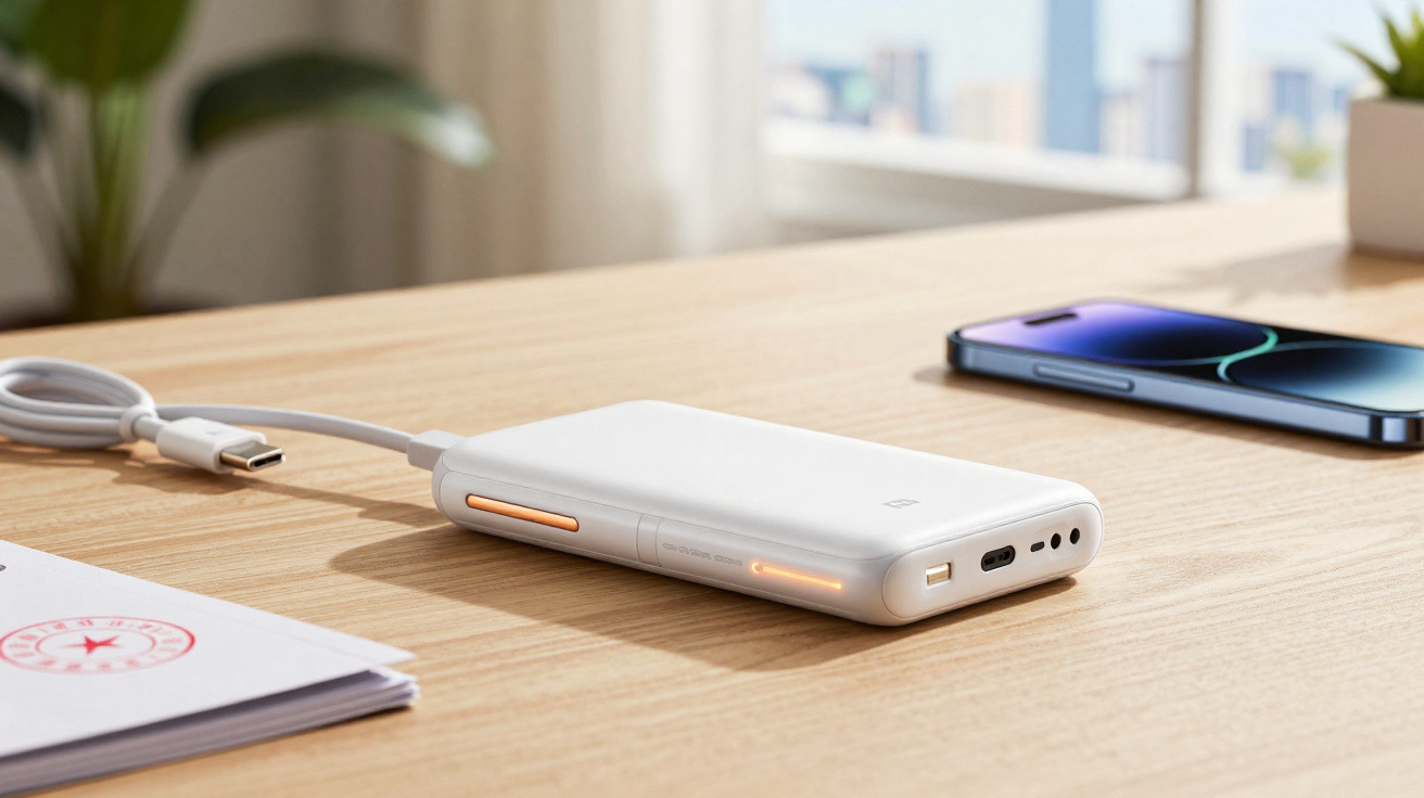 Carregador portátil branco com cabo USB-C sobre mesa de madeira, ao lado de smartphone e caderno.
