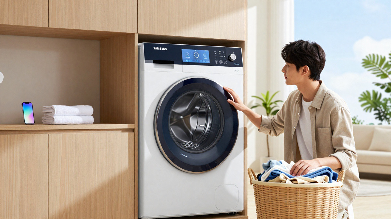 Pessoa ajustando uma lavadora de roupas Samsung de porta frontal em ambiente moderno e iluminado.