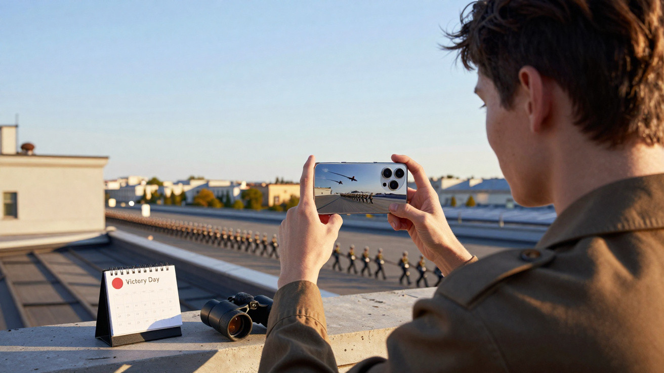 Jovem fotografa desfile militar com telefone, binóculos e calendário marcando Victory Day na laje.