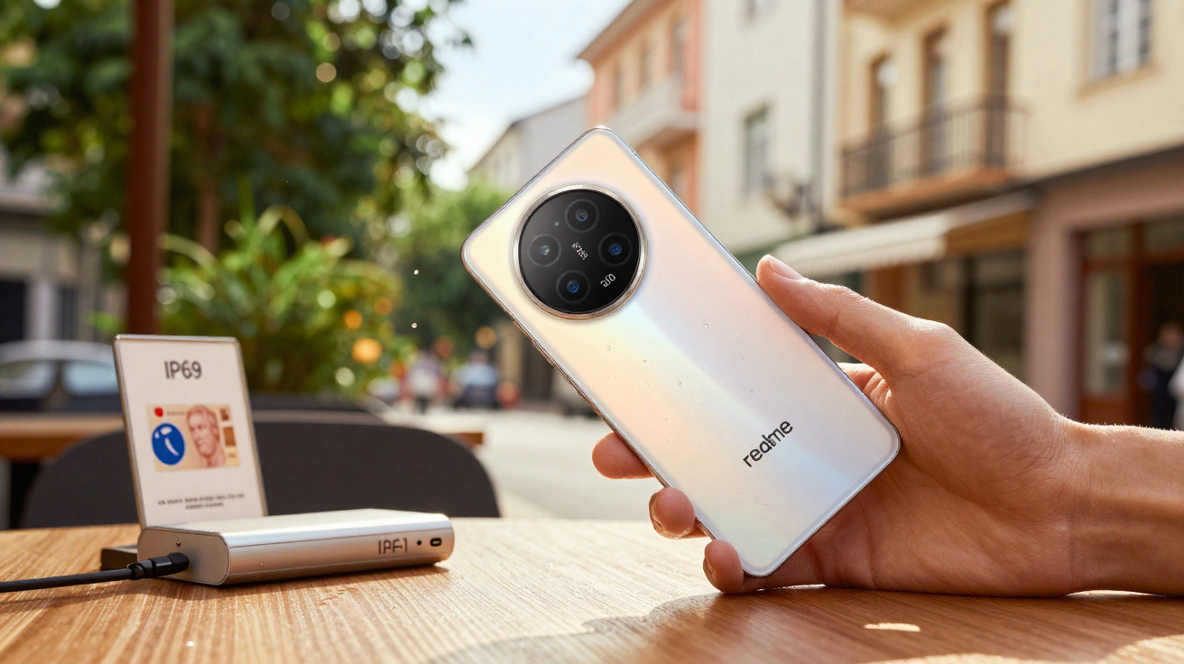 Pessoa segurando smartphone Realme branco sobre mesa de madeira em ambiente externo.