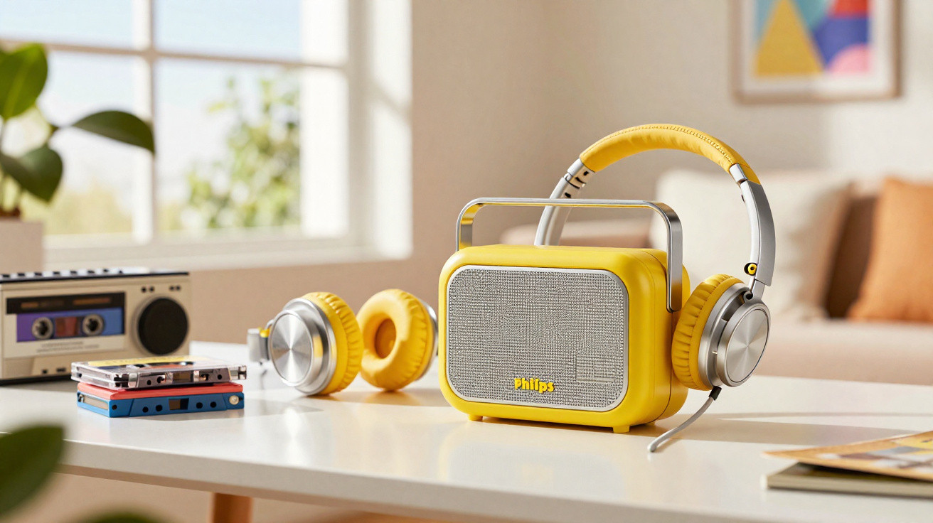 Rádio amarelo vintage com fones de ouvido e fitas cassete sobre mesa em ambiente iluminado.