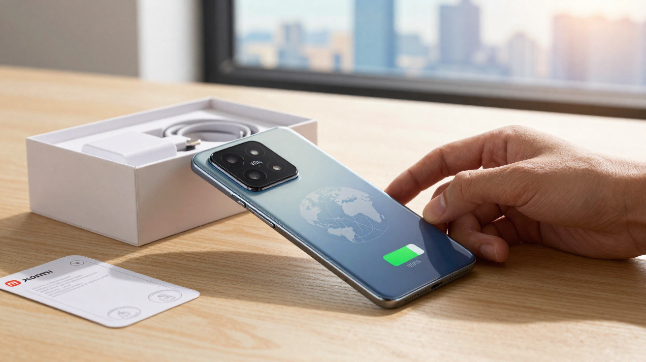Smartphone Xiaomi com carregamento sem fio apoiado em mesa ao lado de caixa e manual.