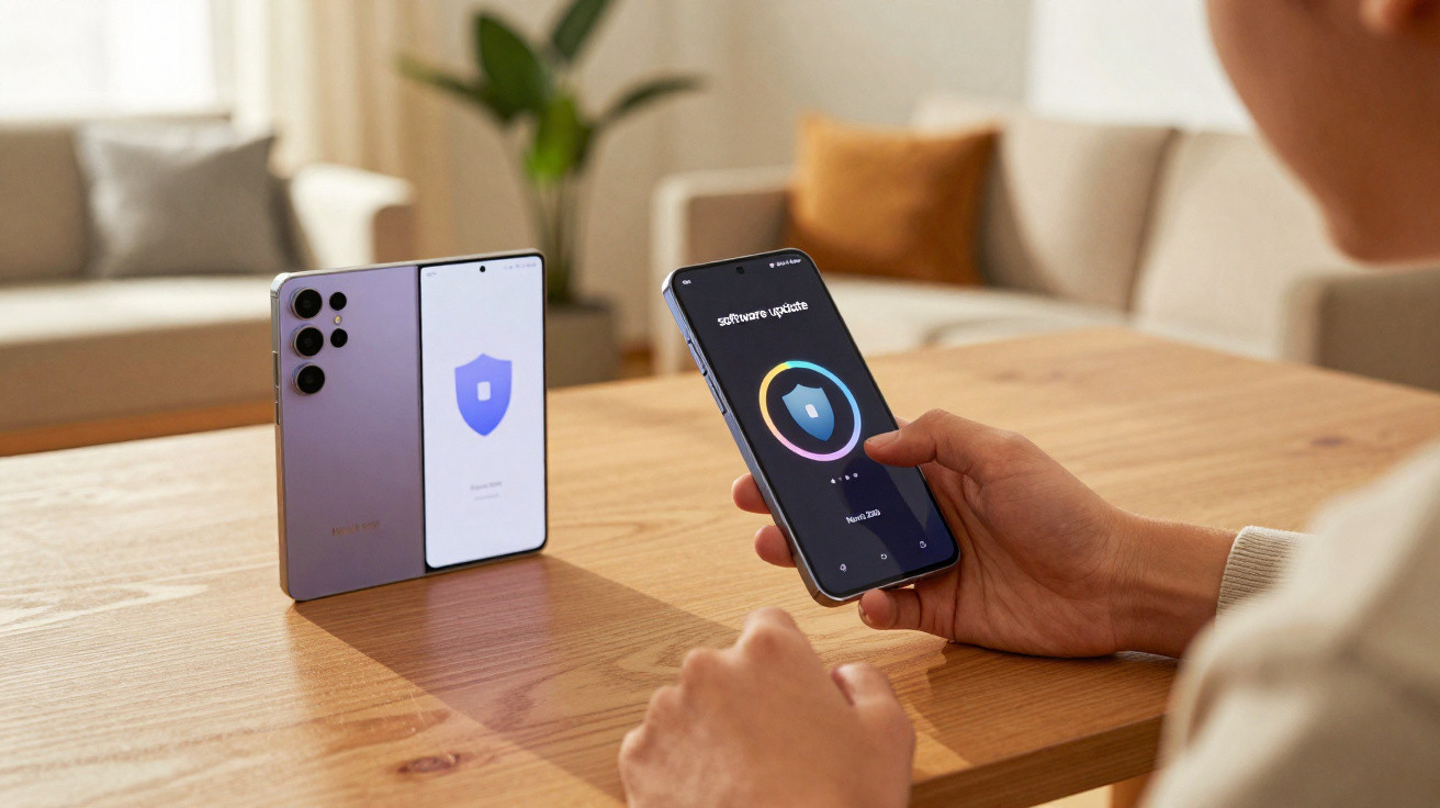 Pessoa segurando smartphone que mostra atualização de software em mesa próxima a outro celular apoiado.