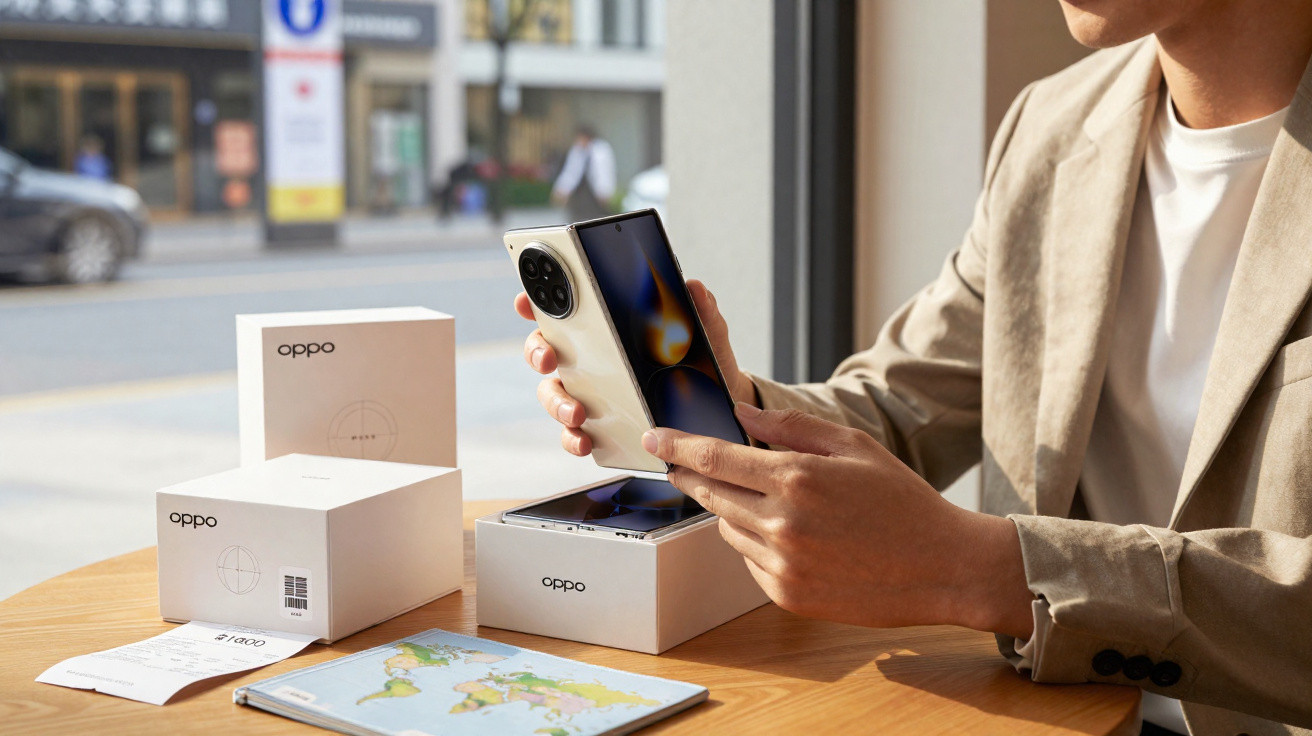 Pessoa segurando smartphone Oppo branco à mesa com caixas e mapa sobre a superfície.