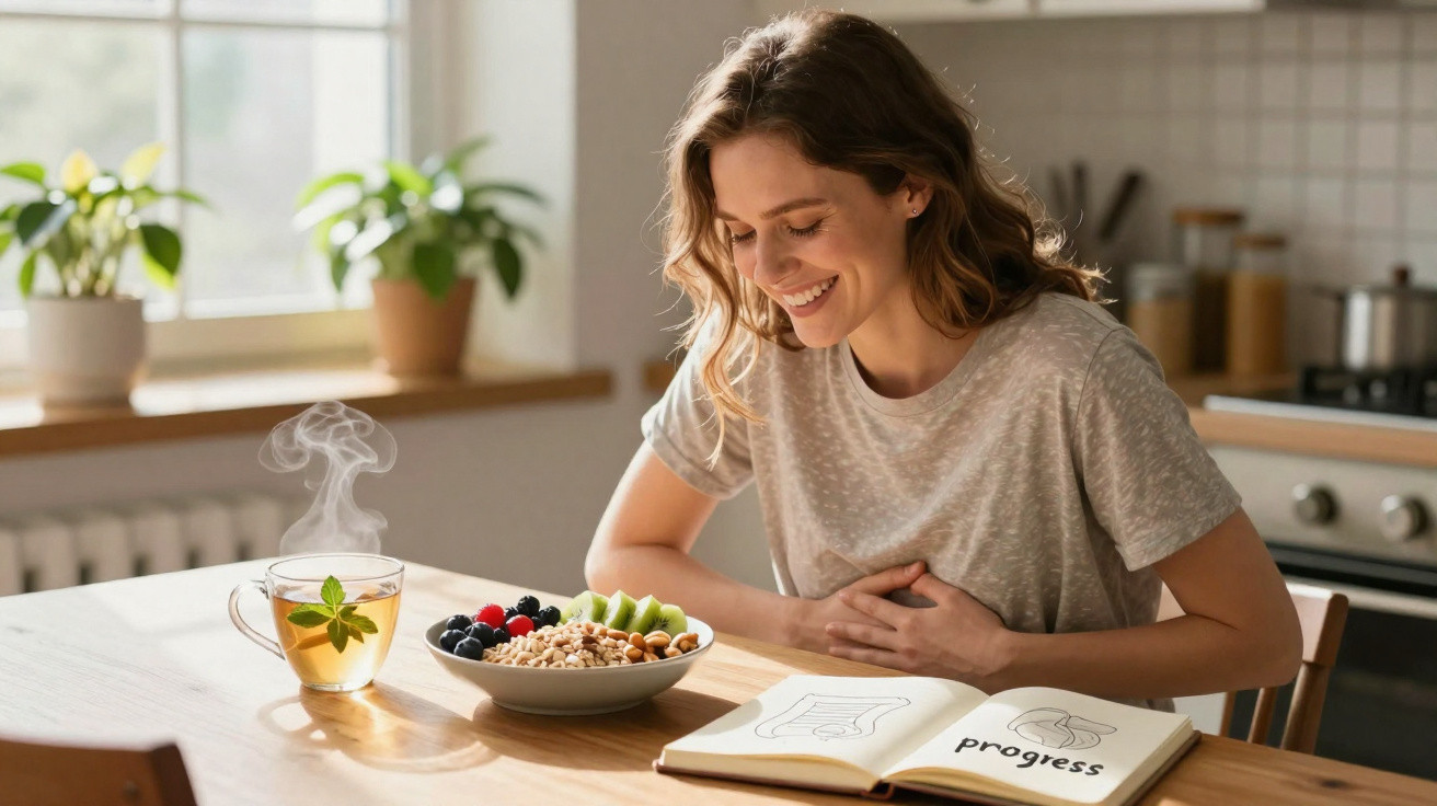 Mulher sorrindo sentada à mesa com tigela de frutas, chá quente e livro aberto em cozinha iluminada.