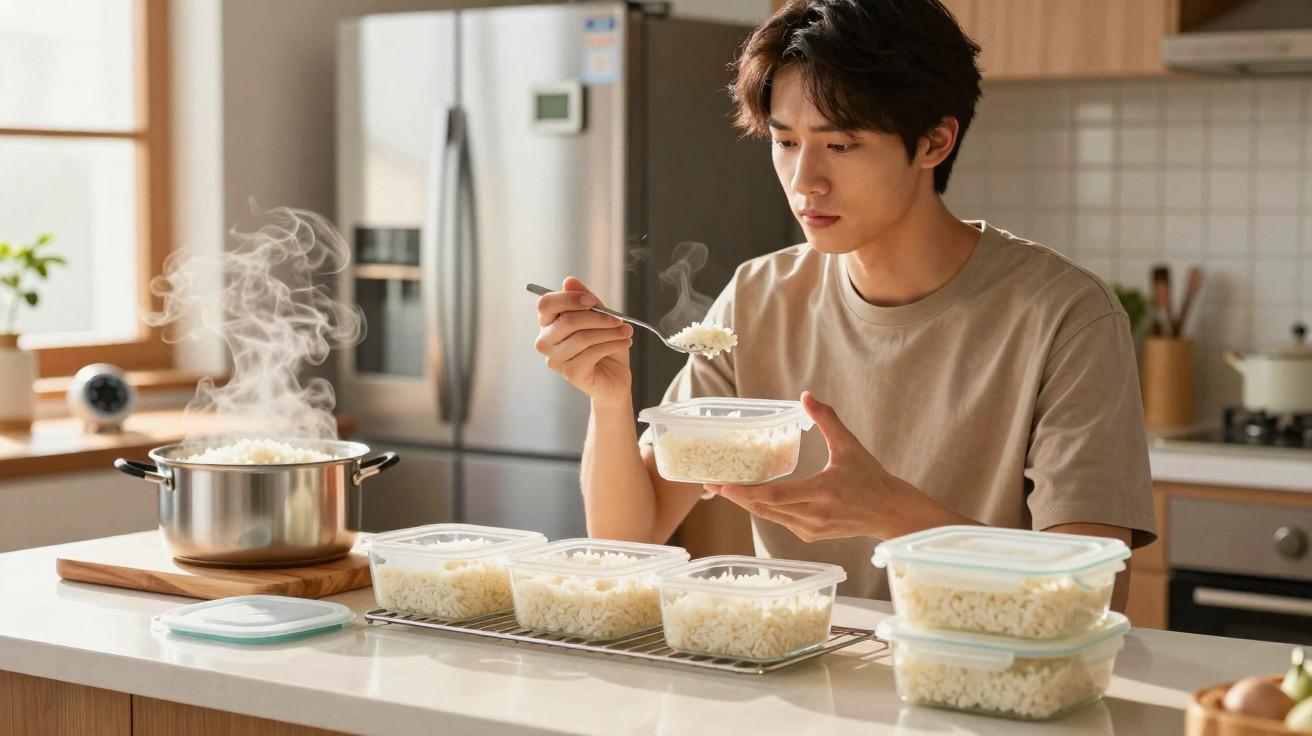 Jovem sentado à mesa na cozinha, colocando arroz cozido em pote plástico para armazenar.