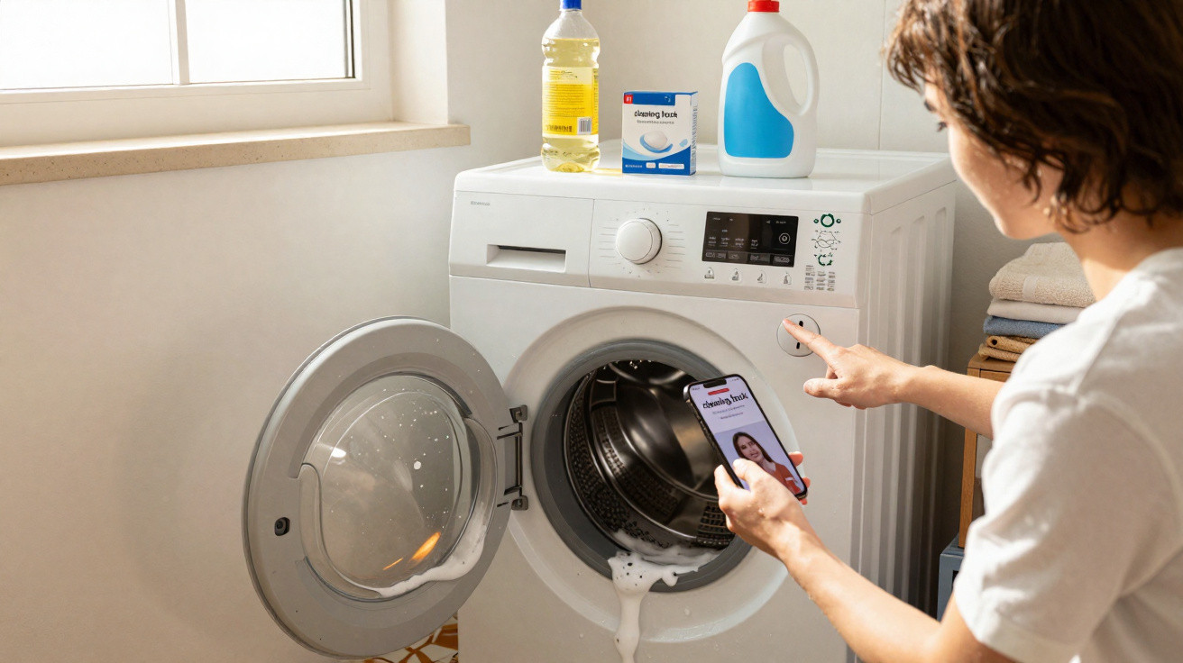 Pessoa usando smartphone para controlar máquina de lavar com detergentes em cima e espuma saindo da porta.